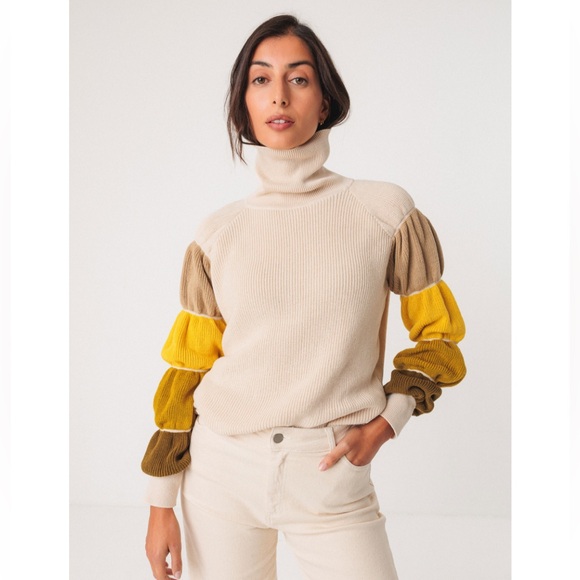 NWT SKFK Eloritza Cream Cotton Turtleneck Sweater Multicolor Sleeves Size 6 - Picture 10 of 12